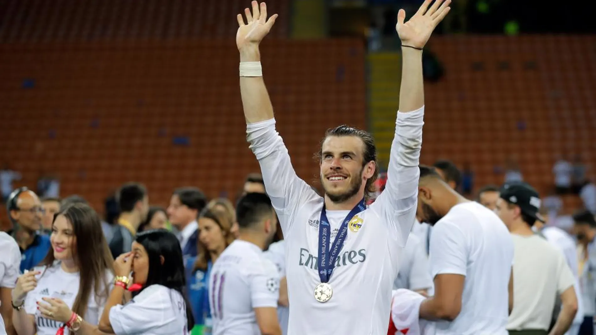 Gareth Bale durante la celebración de la Champions en el estadio de Milán, el pasado sábado
