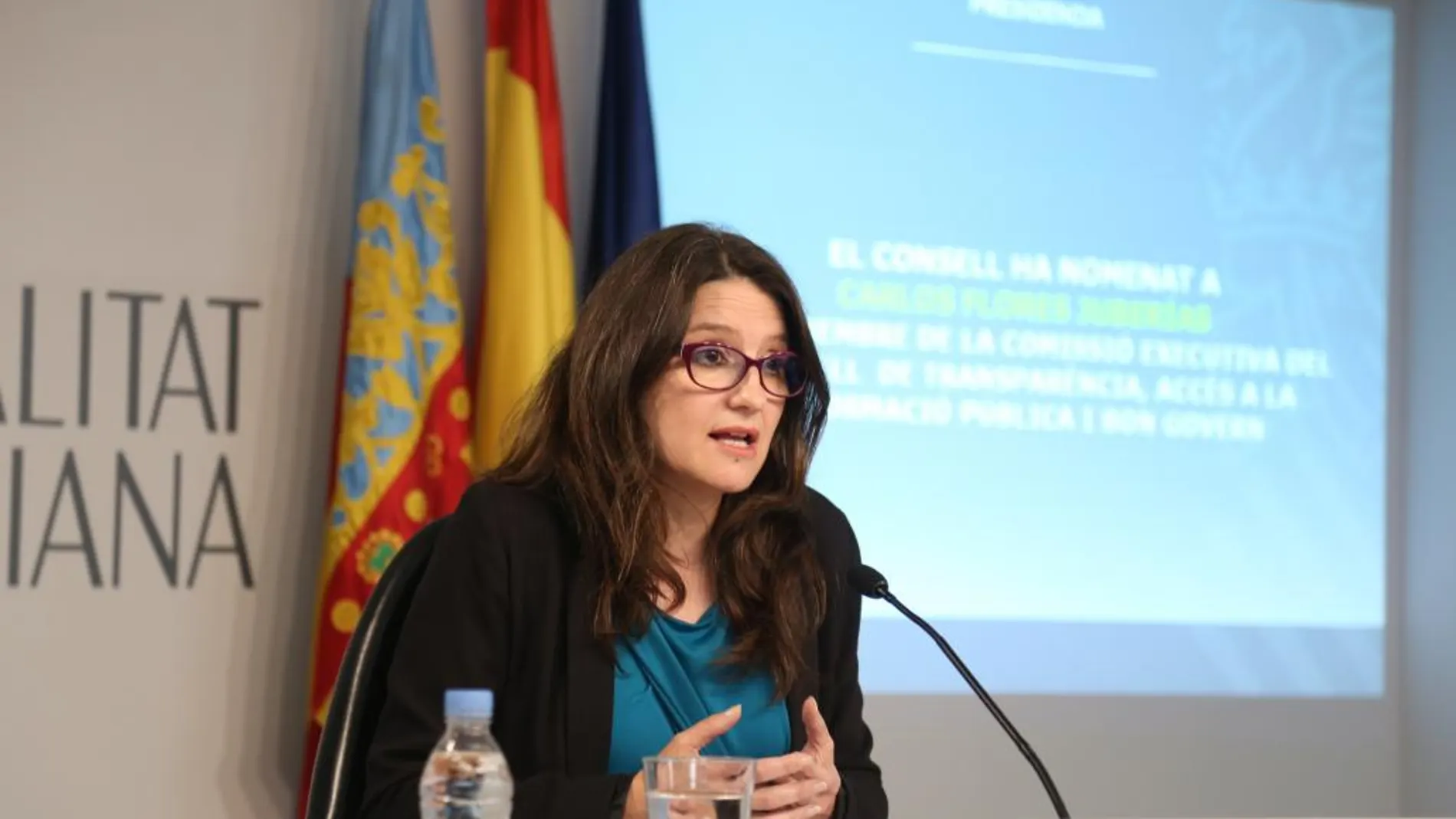 La vicepresidenta del Consell, Mónica Oltra, ayer durante la rueda de prensa tal el pleno del Consell
