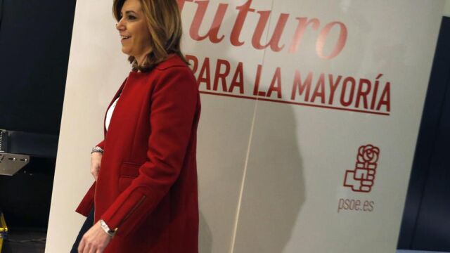 La presidenta de la Junta de Andalucía, Susana Díaz, a su llegada a la sede socialista de Ferraz