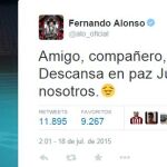 Tuit de Fernando Alonso nada más conocerse la muerte de Bianchi