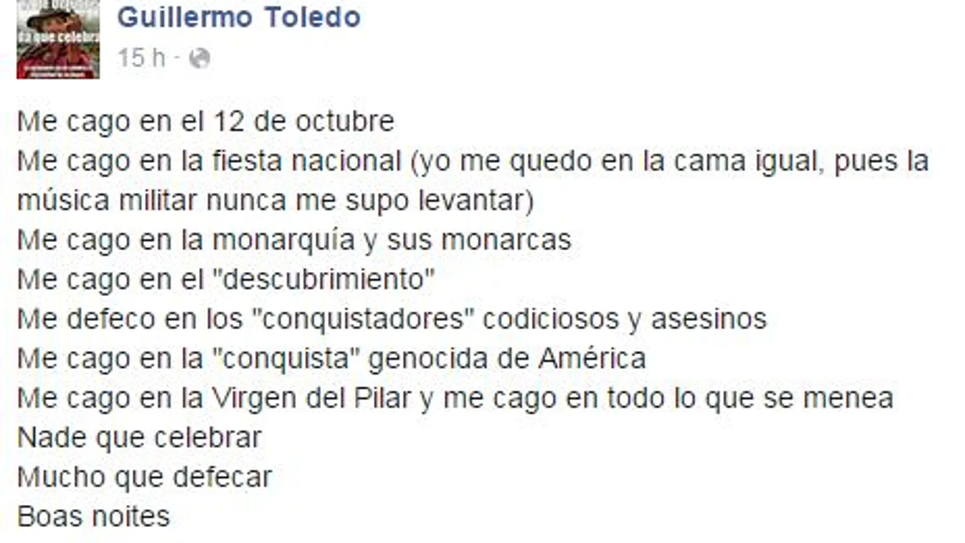 Willy Toledo se «caga» en el Día de la Hispanidad y en la Virgen de Pilar