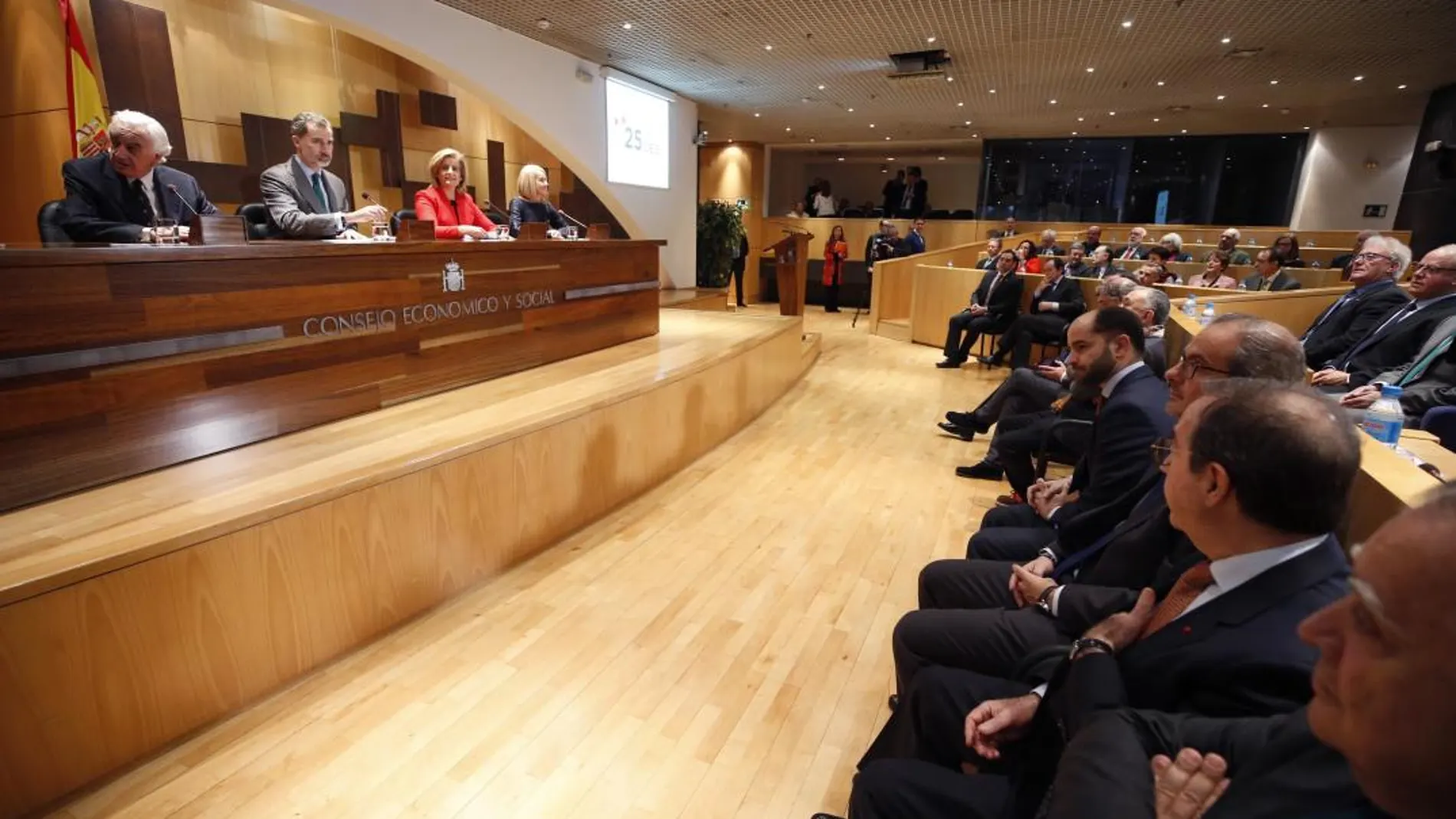 Felipe VI acompañado por la ministra de Empleo, Fátima Báñez, asiste al pleno extraordinario del Consejo Económico y Social /Efe