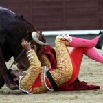Salvador Cortés resulta corneado por el tercer toro de Cebada Gago, ayer en Las Ventas