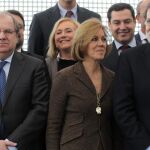 El presidente de Castilla y León, Juan Vicente Herrera, junto al del Gobierno y del Partido Popular, Mariano Rajoy; y la secretaria general del PP, María Dolores de Cospedal