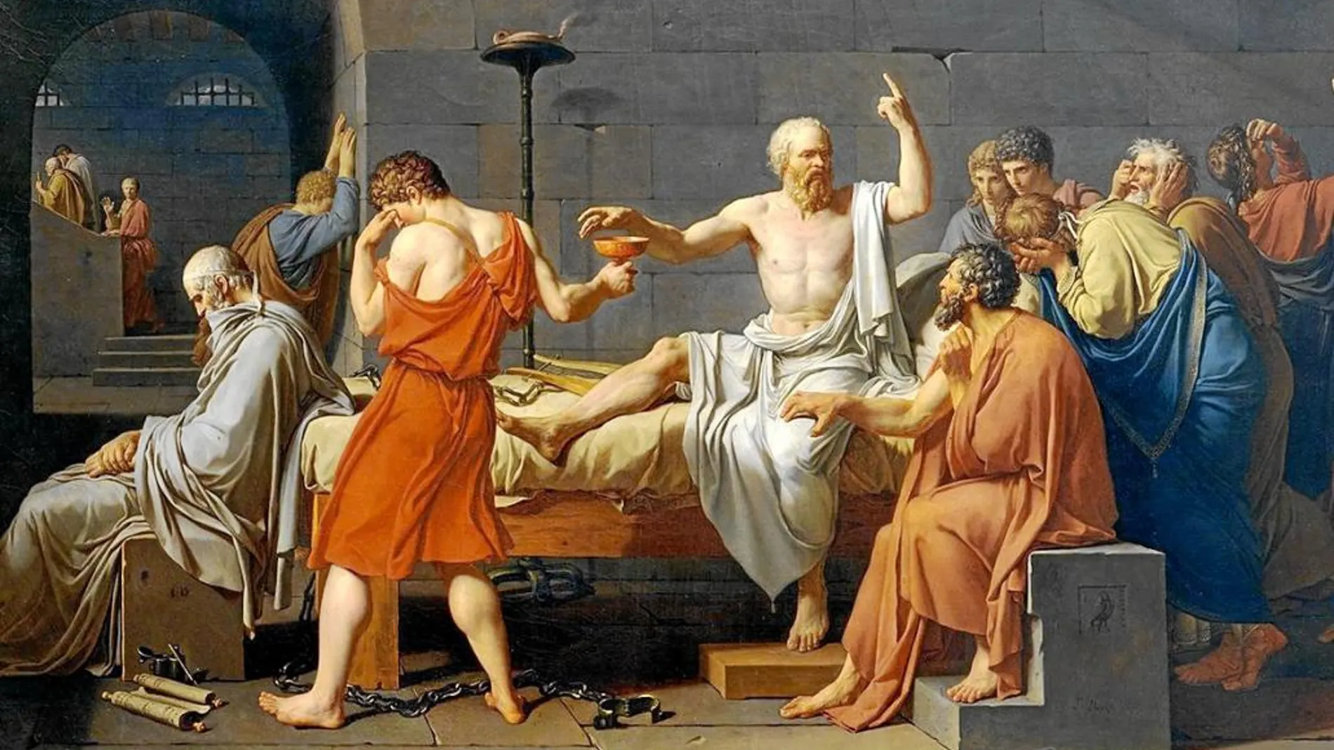 Sócrates consideraba una «deserción criminal» conducirse de manera diferente a sus ideas por miedo a la muerte. Jacques-Louis David plasmó en este cuadro su muerte, por ingestión de cicuta