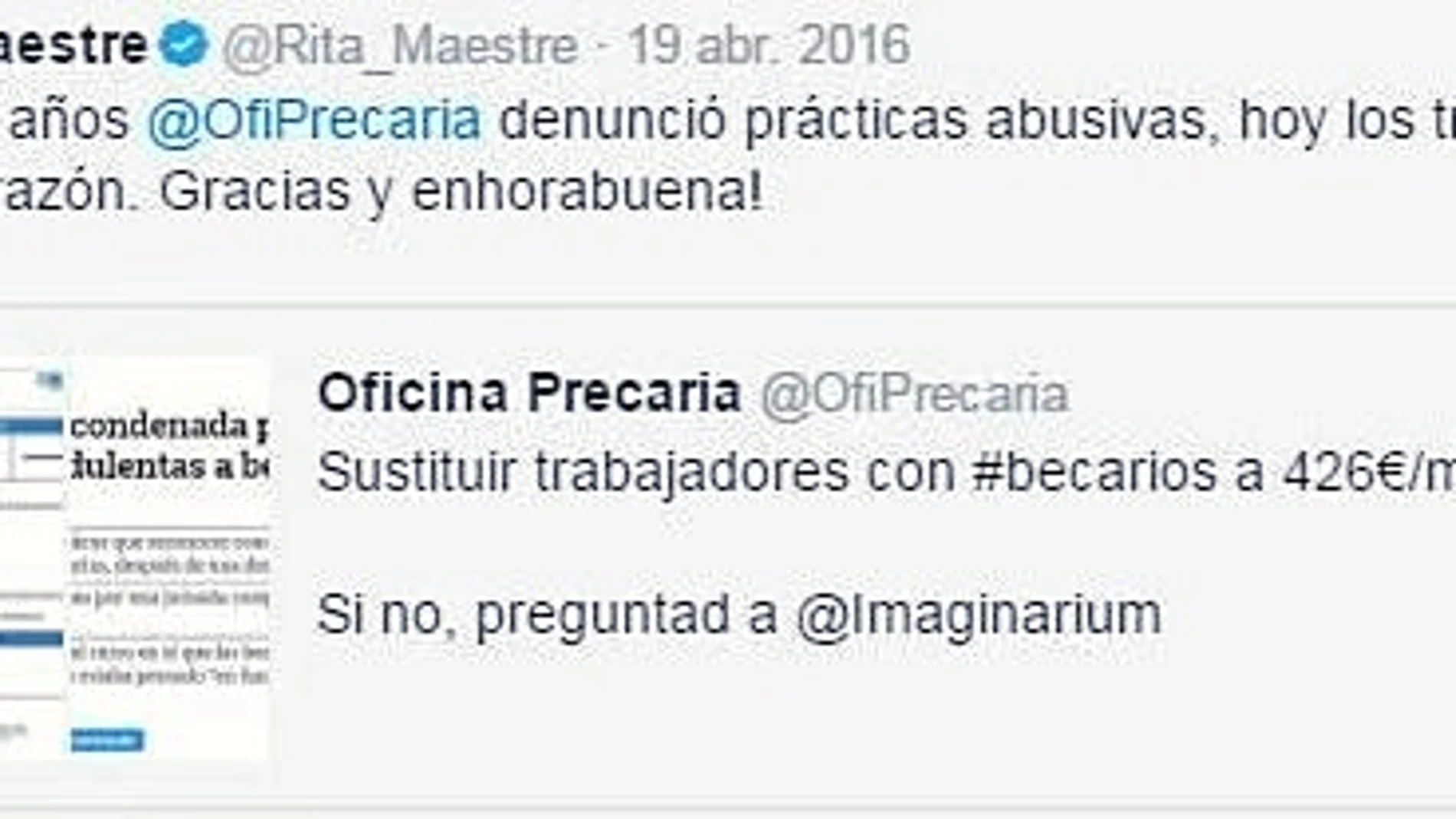 El alegato contra las «becas por trabajo» de rita Maestre. La portavoz del Gobierno de Carmena siempre se ha caracterizado por su frontal rechazo a las prácticas sin remuneración o en «fraude de ley». Así lo ha expresado siempre en las redes sociales como demuestra este