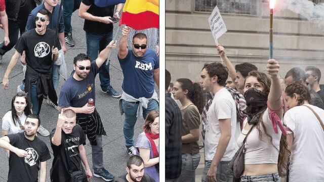 La manifestación de Hogar Social, de corte ultraderechista, partió de Plaza de España y a lo largo del recorrido no dejaron de realizar proclamas racistas y gestos fascistas. Los radicales de izquierda salieron una hora más tarde desde Atocha y centraron sus consignas en «la lucha de la clase obrera» y contra el colectivo Hogar Social Madrid