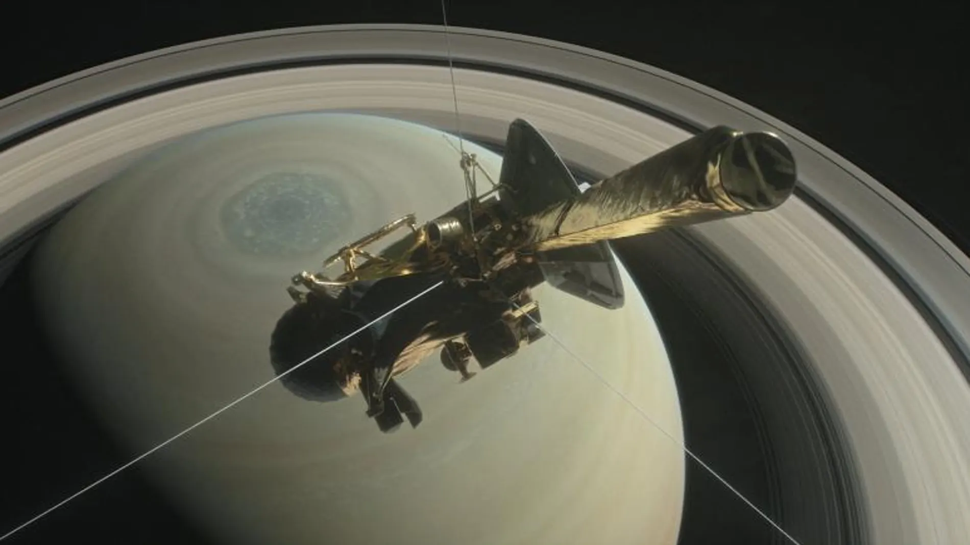 Ilustración cedida sin fechar de la NASA que muestra la nave Cassini que se dispone a adentrarse en la órbita del planeta Saturno y sus anillos interiores como parte final de su misión espacial, que se pretende ocurra el próximo 27 de abril