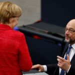 La canciller Angela Merkel y el líder de SPD, Martin Schulz, tras una reunión