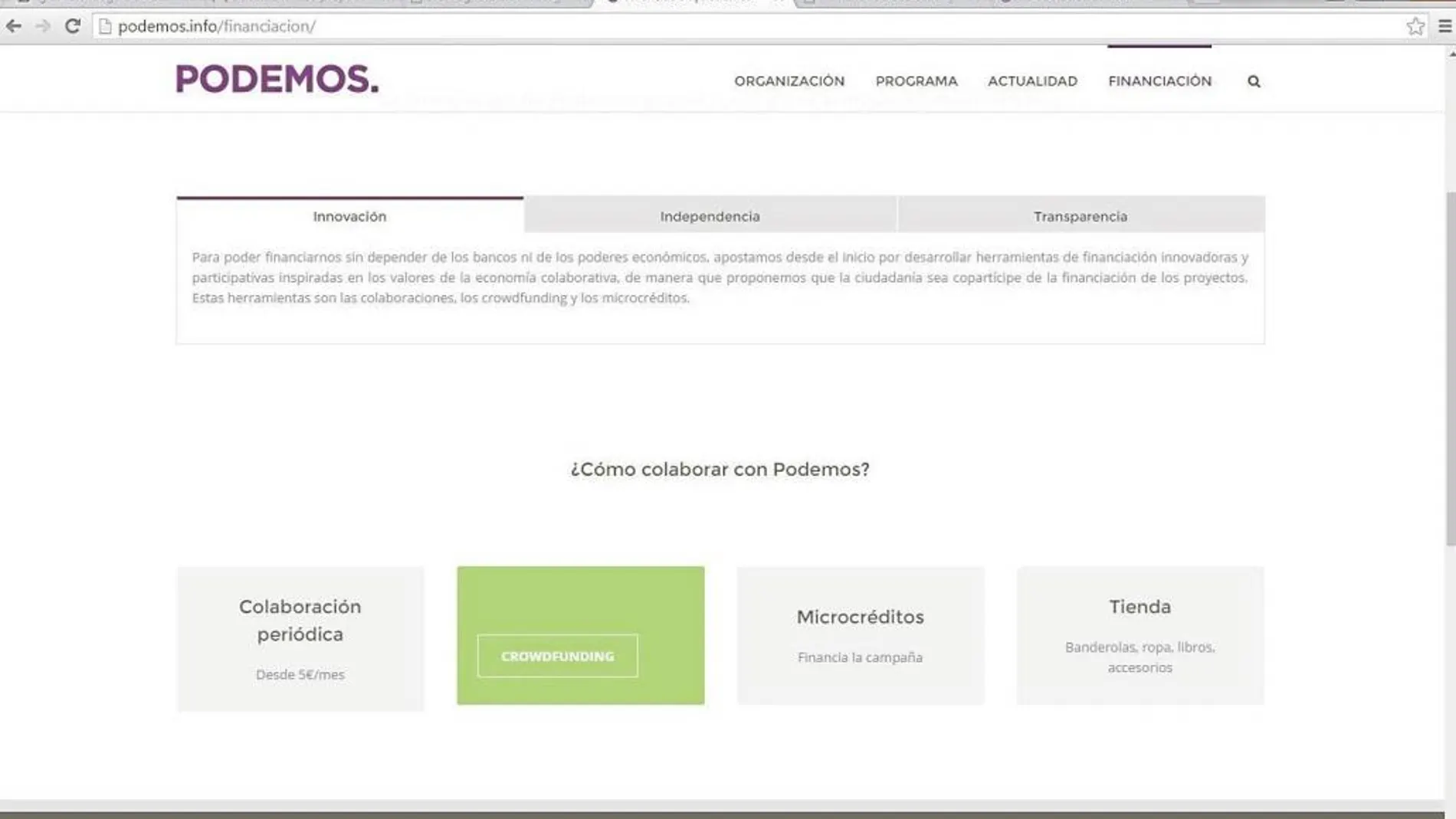La UDEF investiga abultadas aportaciones realizadas por personas sin ingresos a Podemos. En la imagen, el portal de participación del partido a través del cual se lleva a cabo el «crowdfunding»
