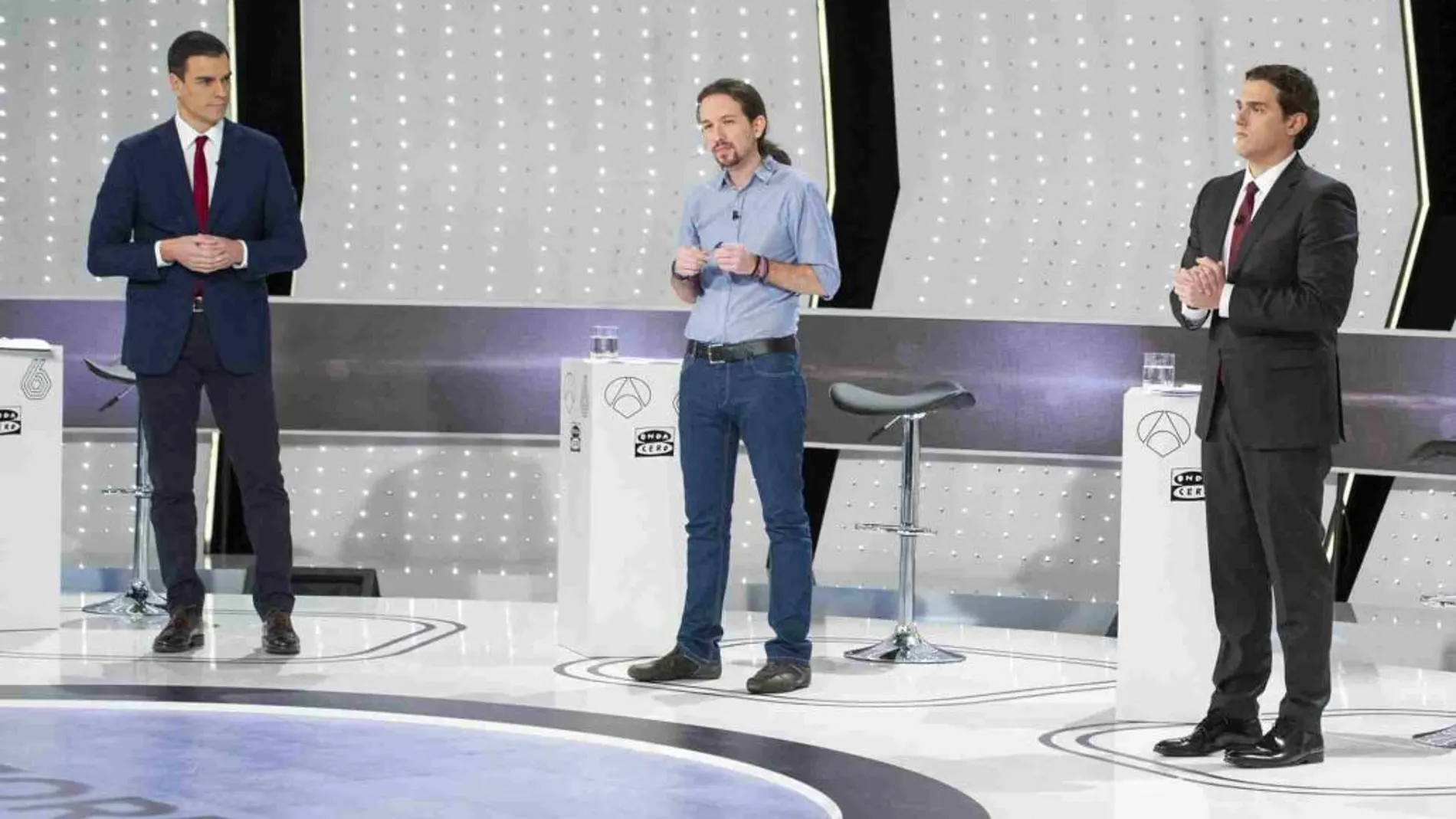 Pedro Sánchez, Pablo Iglesias y Albert Rivera, en el debate en Antena 3 en la pasada campaña electoral.