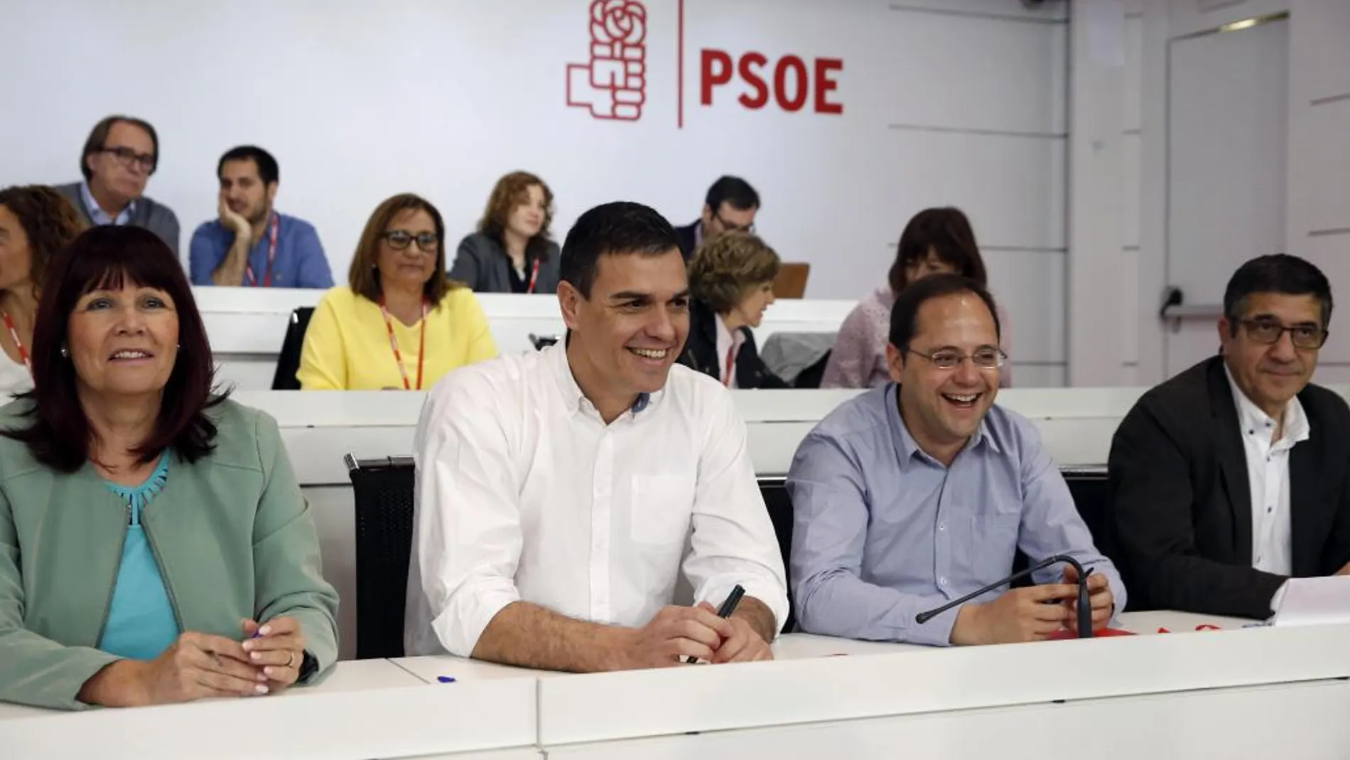 El secretario general del PSOE, Pedro Sánchez (2i), junto al secretario de Organización, César Luena (2d), el secretario de Acción Política y Ciudadana, Patxi López (d), y la presidenta del partido, Micaela Navarro (i)
