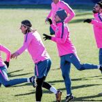 Los jugadores del Atlético, durante el último entrenamiento antes de enfrentarse al Chelsea