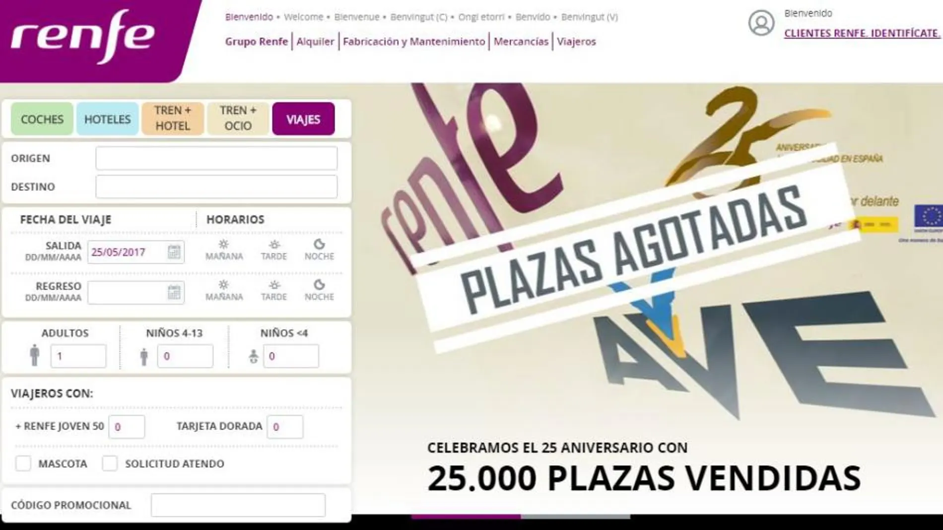 Renfe colapsa su web y vende 32.000 billetes de AVE a 25 € en menos dos horas