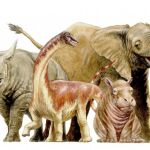 Ilustración de un recién nacido de Rapetosauro (segundo por la izquierda) con algunos otros mamíferos recién nacidos