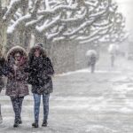 Varias personas caminan entre la nieve en Burgos
