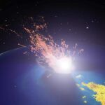 Recreación de un meteorito impactando en la Tierra