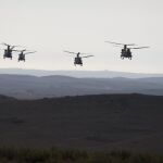 Helicópteros de la OTAN durante uno de los ejercicios de las maniobras Trident Juncture, en Zaragoza el día 4