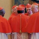 Varios grupos de cardenales conversan durante una reunión