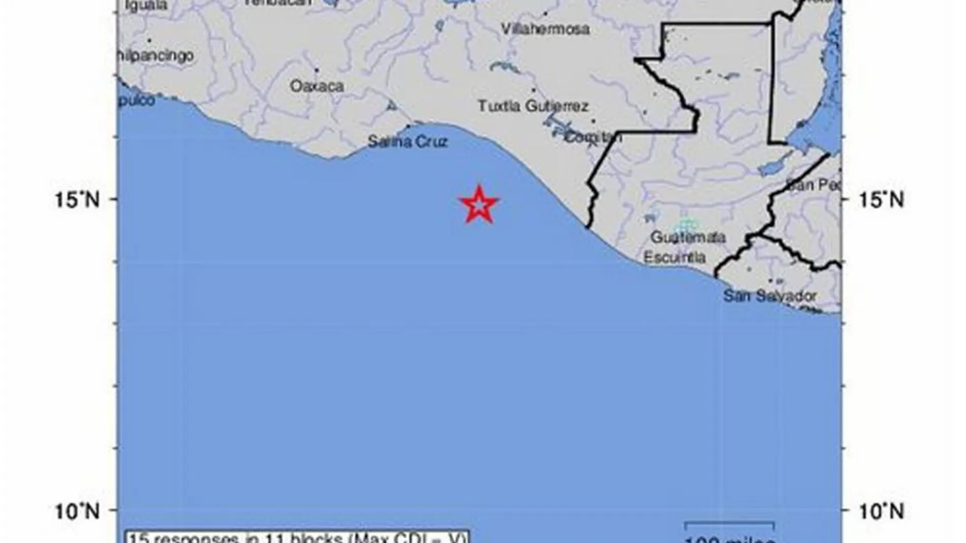 Fotografía cedida por el Servicio Geológico de los Estados Unidos que muestra un mapa de intensidad que muestra la ubicación del terremoto
