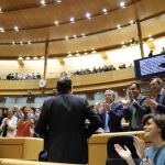 El presidente del Gobierno, Mariano Rajoy, recibe los aplausos de los miembros del grupo parlamentario popular / Efe