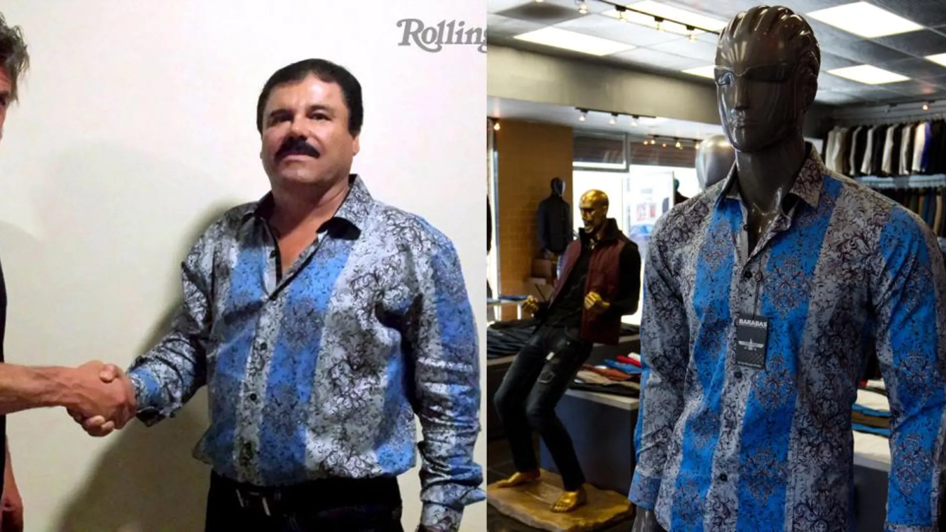 Imagen publicada por la revista Rolling Stone, de Joaquín Guzmán Loera, alias "El Chapo", en la entrevista que realizó el actor Sean Penn, al lado un maniquí vestido con una camisa igual a la que vestía