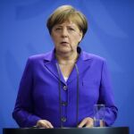 Angela Merkel durante la rueda de prensa de hoy