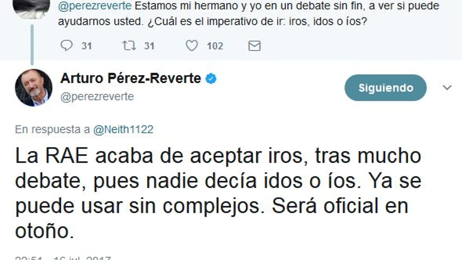 Arturo Pérez-Reverte ha avanzado en Twitter que la institución aceptará el uso de «iros» como imperativo del verbo ir a partir de otoño