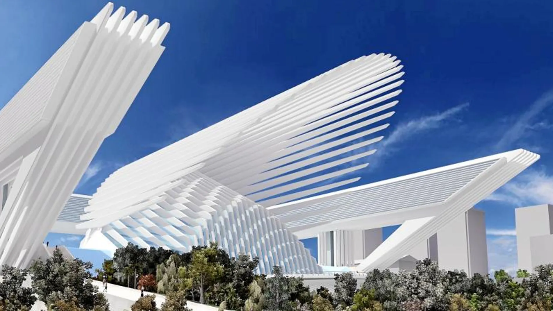 Imagen inicial del proyecto de Calatrava del Palacio de Congresos de Oviedo, situado en una zona residencial