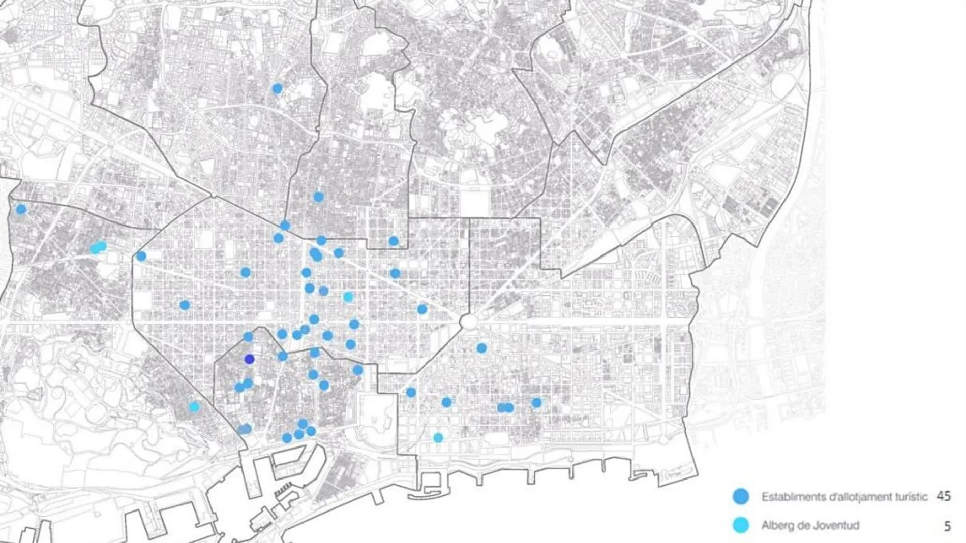 Los proyectos de Colau. El mapa de la discordia refleja los 51 proyectos hoteleros que han conseguido escapar a la moratoria. De ellos, hay 45 hoteles, cinco albergues de juventud y una residencia de estudiantes.