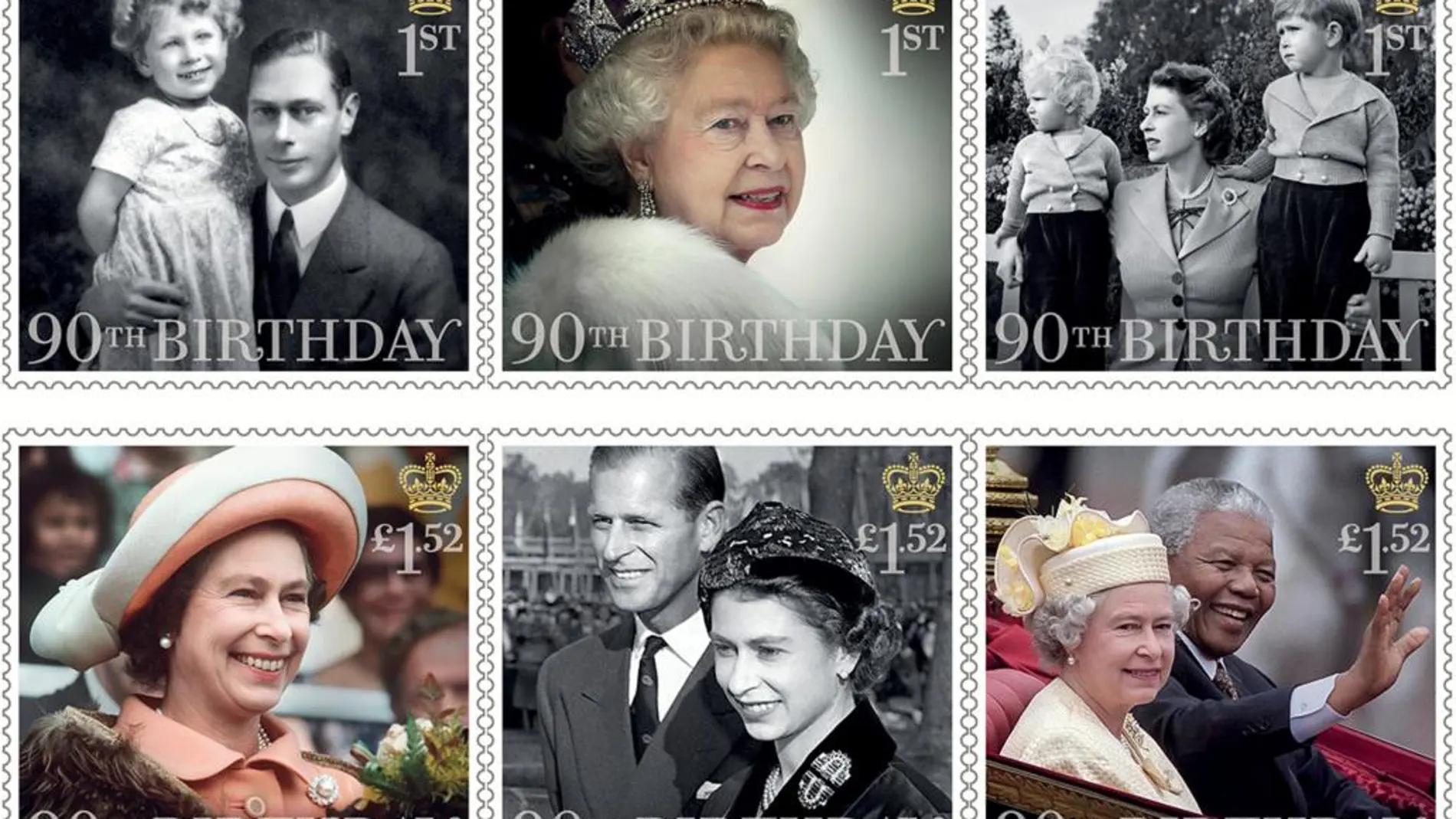 Entre los sellos se puede ver imágenes de la reina con su padre (izq, arriba), mientras asiste a la sesión de apertura del Parlamento en 2012 (c, arriba); con la princesa Ana y el príncipe Carlos en 1952 (dcha, arriba); durante su visita a Nueva Zelanda en 1977 (izq, abajo); con el duque de Edimburgo en 1957 (c, abajo), y con Nelson Mandela en 1996.
