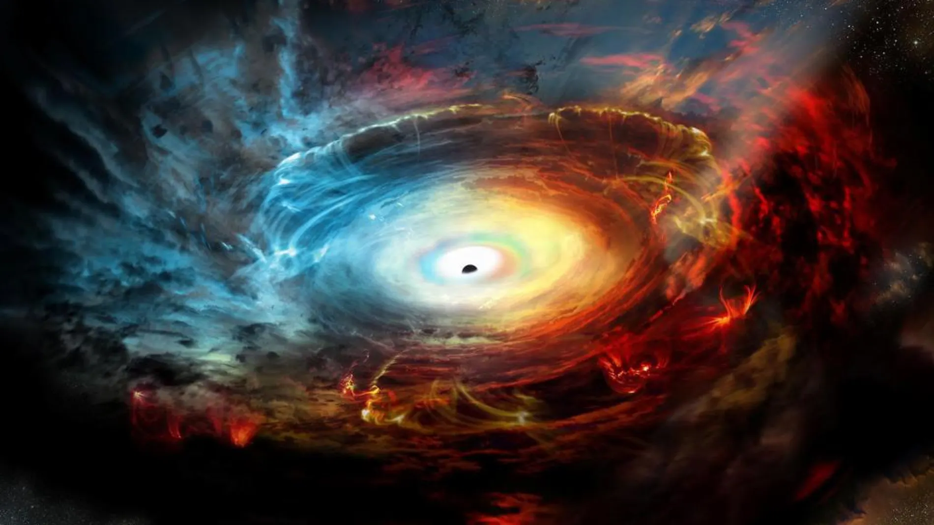 Impresión artística cedida por el Observatorio Nacional Radioastronómico (NRAO) que muestra una impresión artículo del corazón de la galaxia NGC 1068. Un equipo internacional de astrónomos cree haber logrado, por primera vez en la historia, imágenes de un agujero negro, según informó en su versión digital National Geographic.