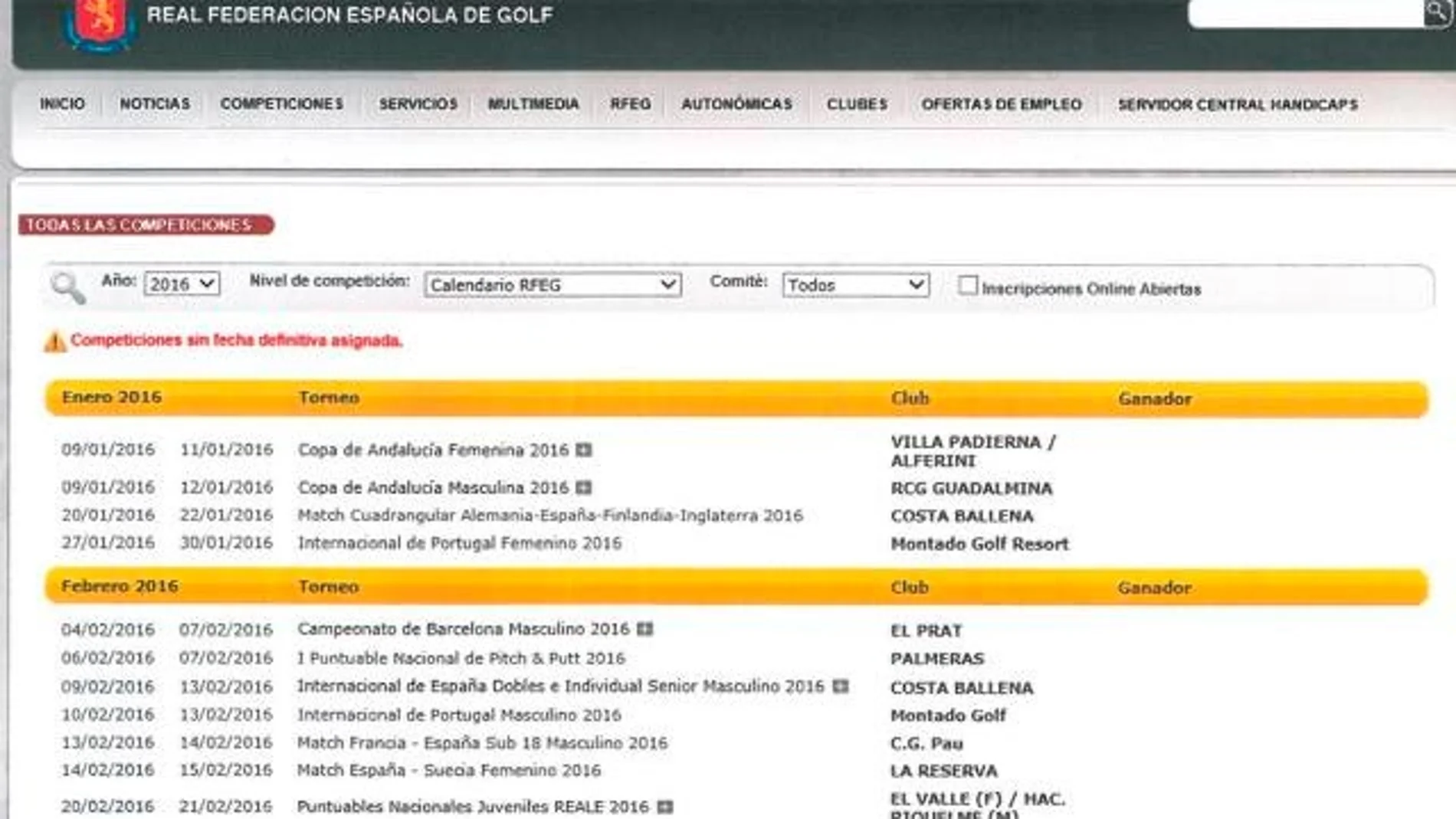Calendario de la RFEG