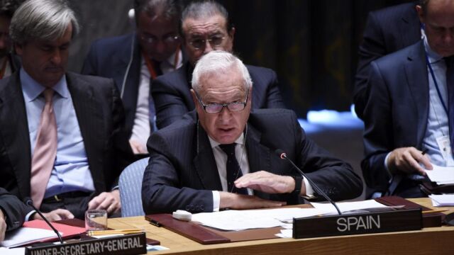 El ministro español de Asuntos Exteriores, José Manuel García-Margallo (c), interviene en una reunión especial del Consejo de Seguridad de Naciones Unidas