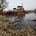 Una vieja lancha abandonada en el canal del río Pripyat en la Reserva Radioecológica Estatal dentro de la zona de exclusión a 30 kilómetros del reactor nuclear de Chernóbil, a algo más de 390 kilómetros de Minsk, Bielorrusia, el pasado 12 de abril de 2016.