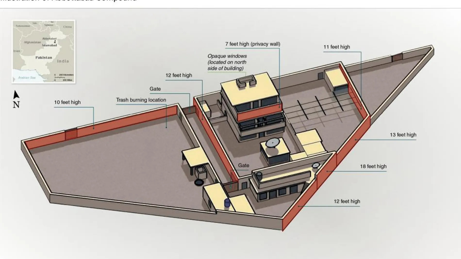 Plano del complejo residencial en el que vivía Bin Laden junto a su familia.