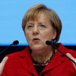 Angela Merkel, durante su intervención en el Congreso del PPE hoy en Madrid.