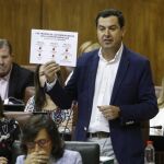 El presidente del PP-A, Juanma Moreno, muestra desde su escaño unos gráficos a Susana Díaz