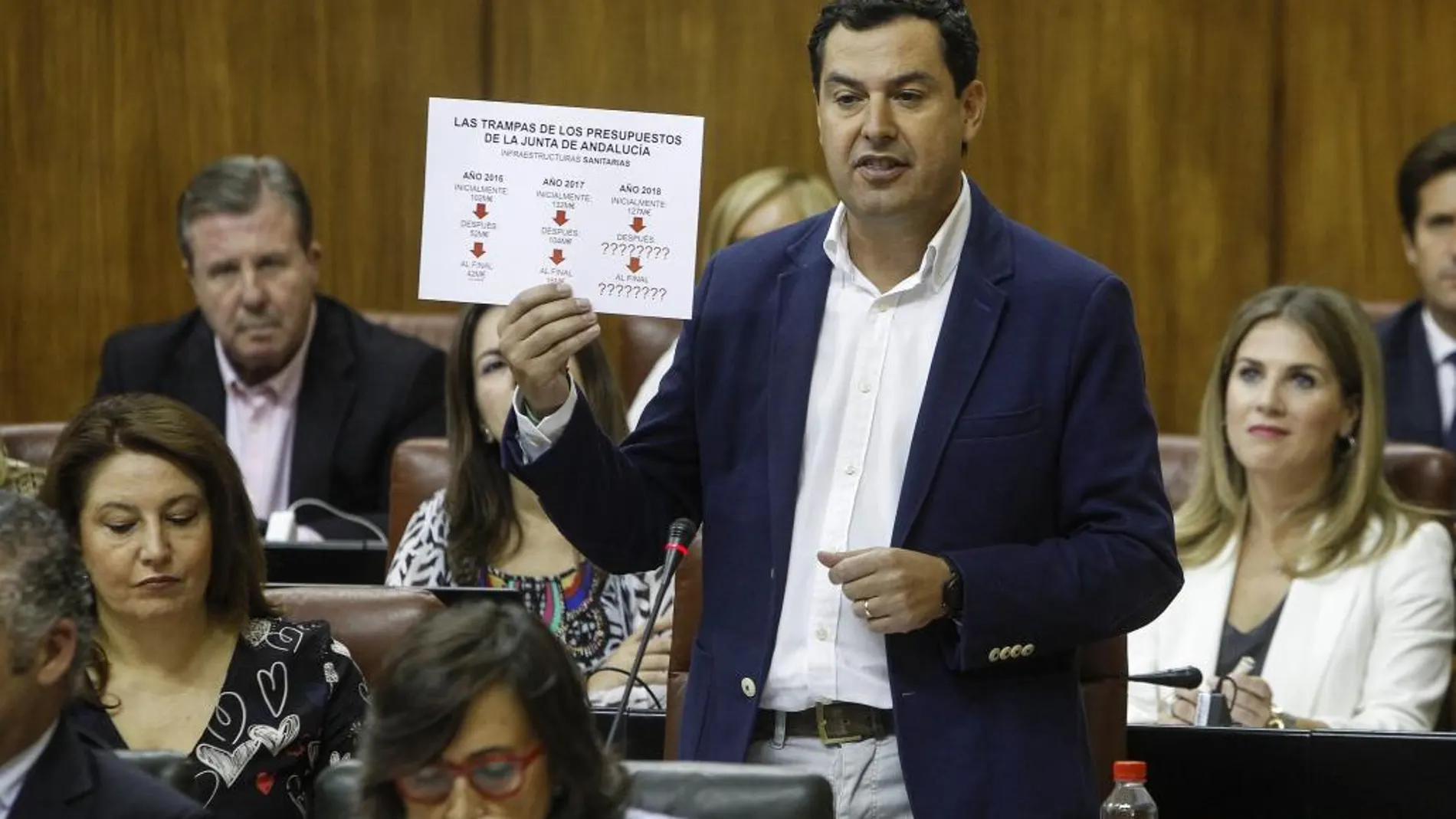 El presidente del PP-A, Juanma Moreno, muestra desde su escaño unos gráficos a Susana Díaz