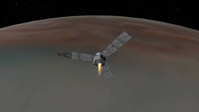 Ilustración de la nave Juno aproximándose a Júpiter realizada por la NASA