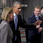 Barack Obama y Federica Mogherini, a su llegada a la reunión multilateral del grupo P5+1, en el marco de la Cumbre de Seguridad Nuclear celebrada en Washington.