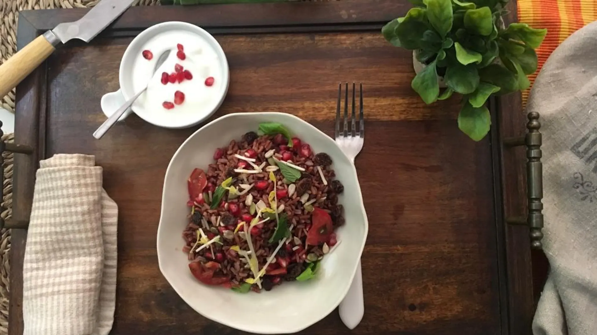 Arroz rojo en ensalada con yogurt, pipas y granada