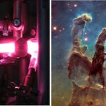 Tratamiento ultravioleta de hielos de pre-cometarios (izquierda) reproduce la evolución natural de los hielos interestelares observadas en una nube molecular (a la derecha, pilares de la creación), lo que lleva a la formación de moléculas de azúcar