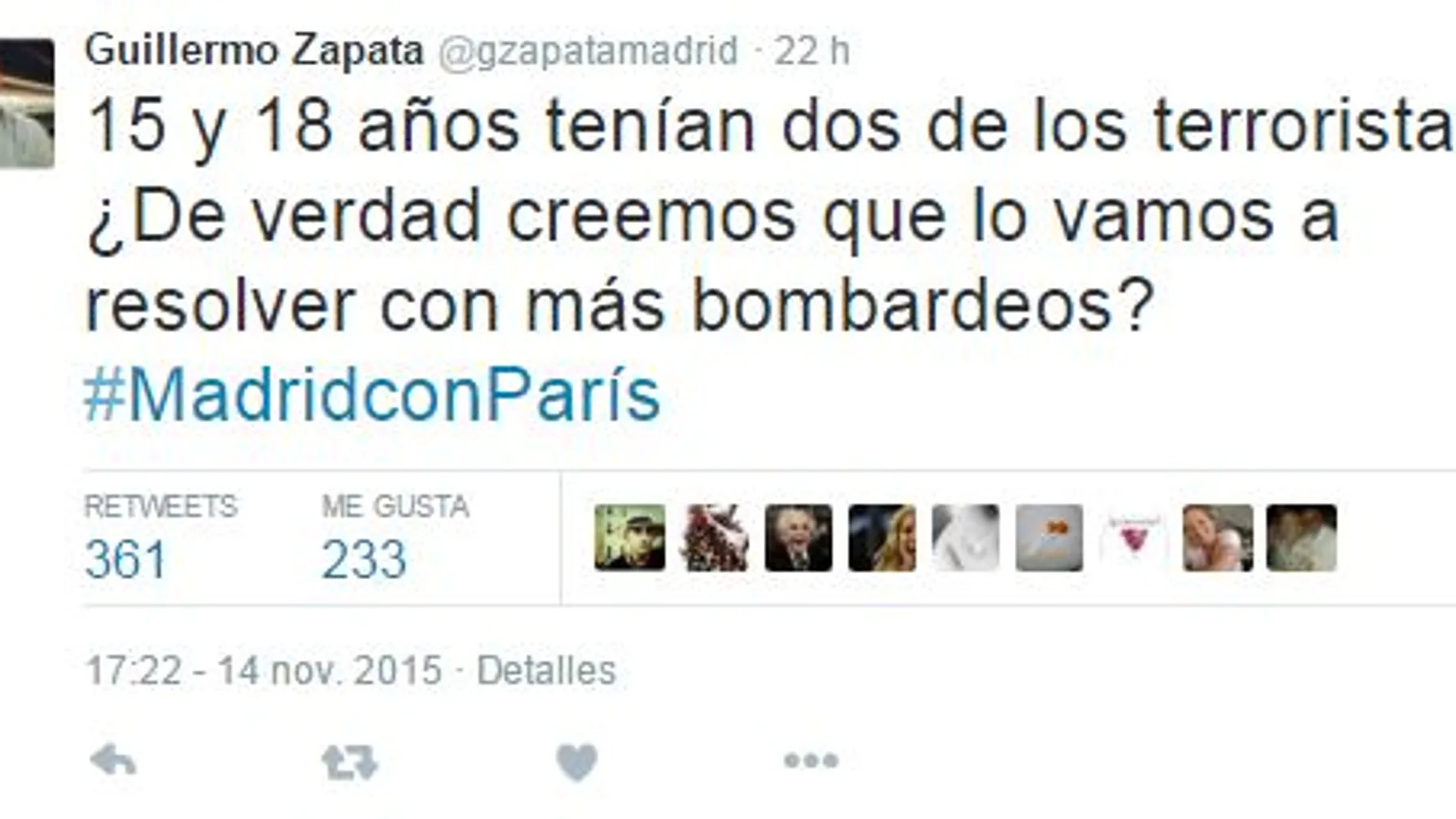 Guillermo Zapata la vuelve a liar en Twitter criticando los bombardeos en Siria e Irak