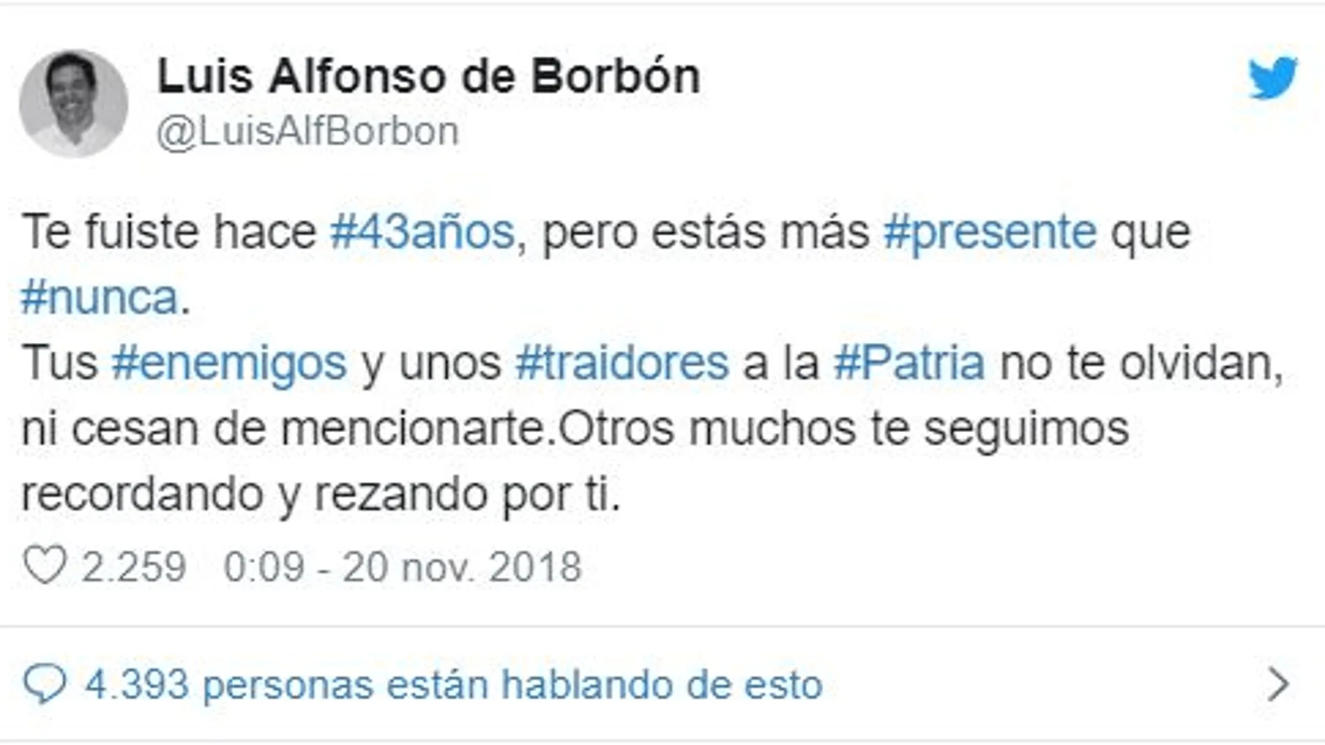 Luis Alfonso de Borbón la lía en Twitter con su mensaje sobre Franco el 20-N