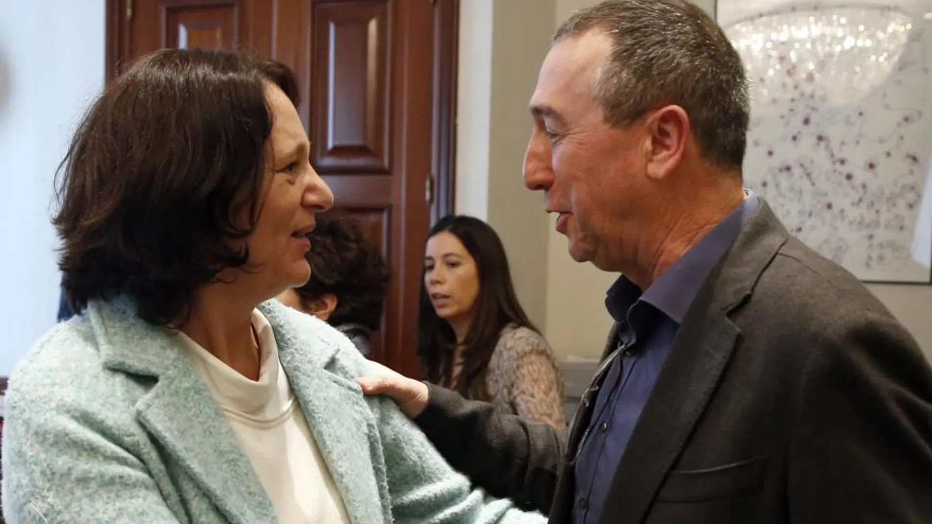 La parlamentaria electa por Podemos, Carolina Bescansa, y el portavoz de Compromís, Joan Baldoví se saludan tras formalizar su acta como diputados hoy en la Cámara Baja.
