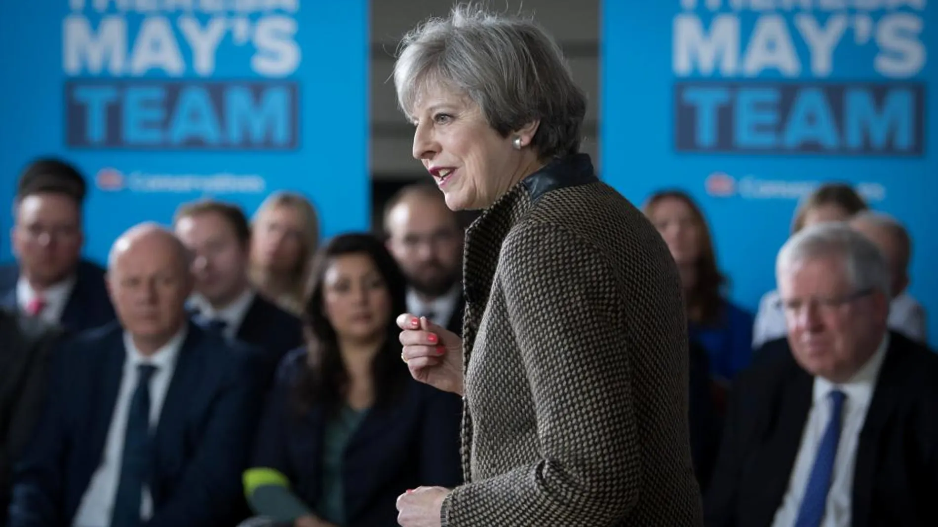 La primera ministra británica, Theresa May, durante un discurso de campaña