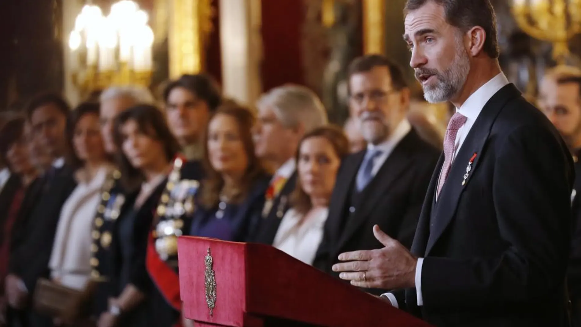 El rey Felipe, durante su intervención en la tradicional recepción al cuerpo diplomático acreditado en España, hoy en el Palacio Real