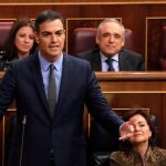 El presidente del Gobierno, Pedro Sánchez, responde al presidente del Partido Popular, Pablo Casado, durante la sesión de control al Ejecutivo