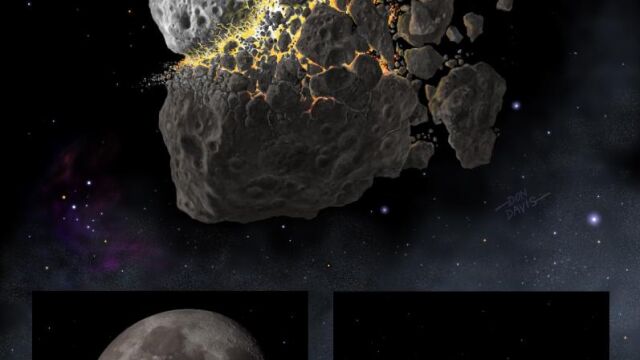 Recreación artística de la ruptura de un asteroide descubierto en 2007 y su hipotético impacto sobre la Tierra y la luna